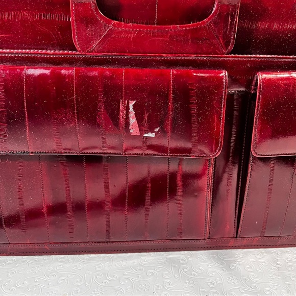 Vintage Eel Skin Leather Burgundy Briefcase 17x11 Ox Blood Red Shiny Academia - Picture 2 of 16